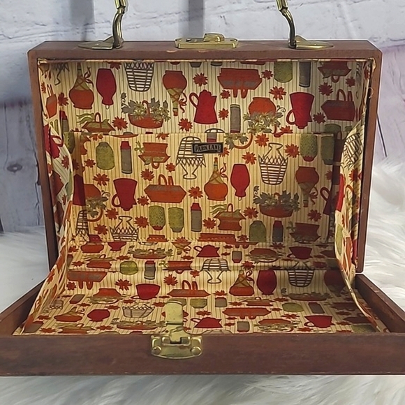 Vintage 50s Parklane USA Mahagony Wooden Square Clasp Lock Purse Clutch - Picture 4 of 17